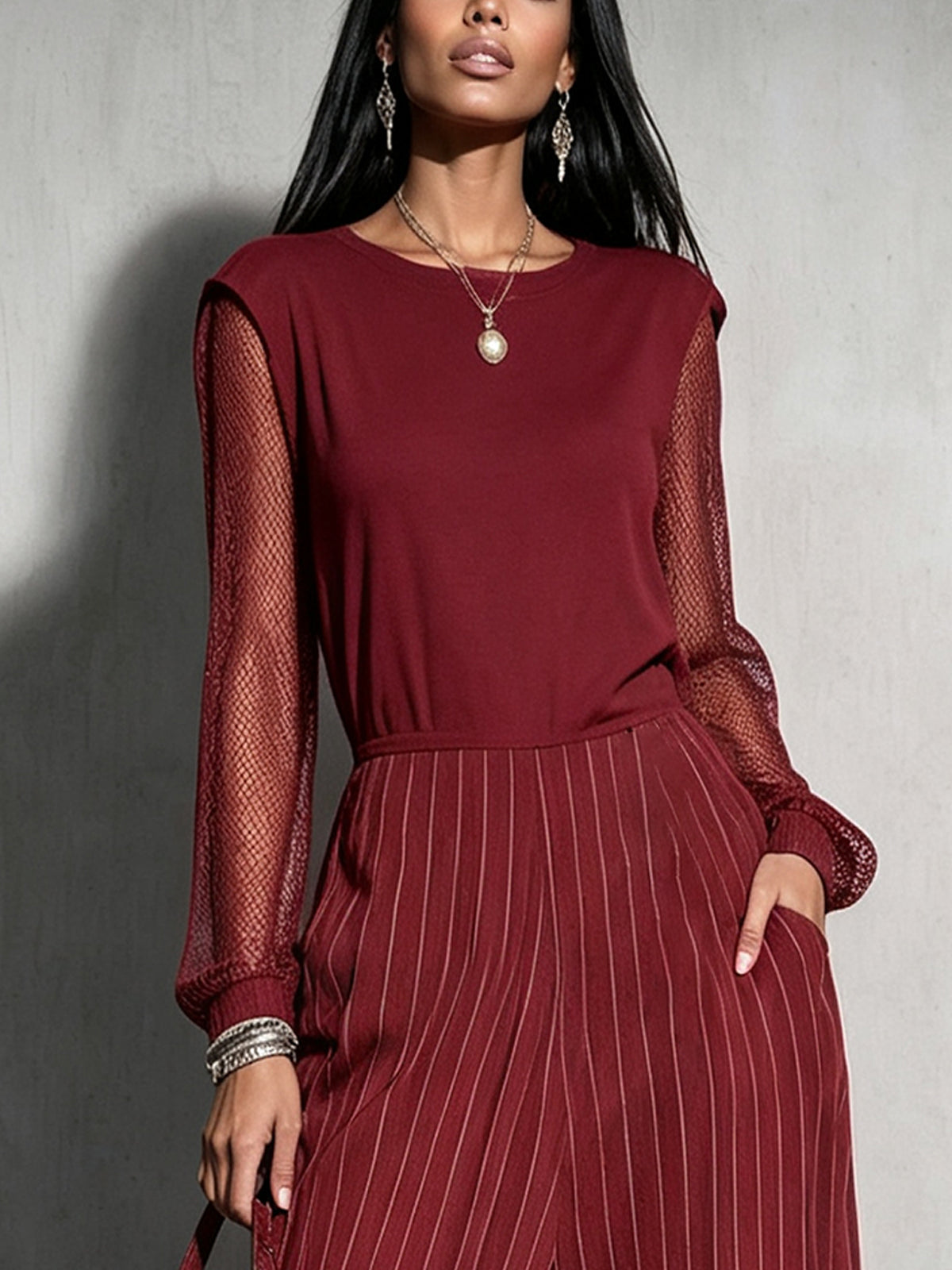 Wine Red Mesh Sleeve Pinstripe Harem Jumpsuit