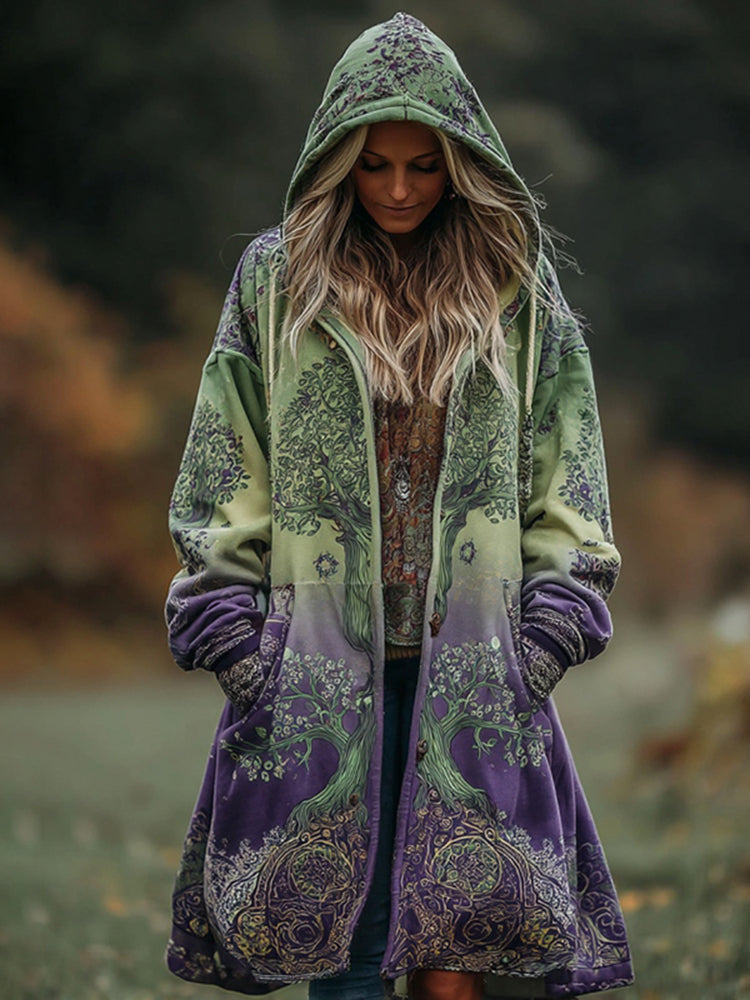Women's Tree Of Life Gradient Cozy Pocket Hooded Cardigan
