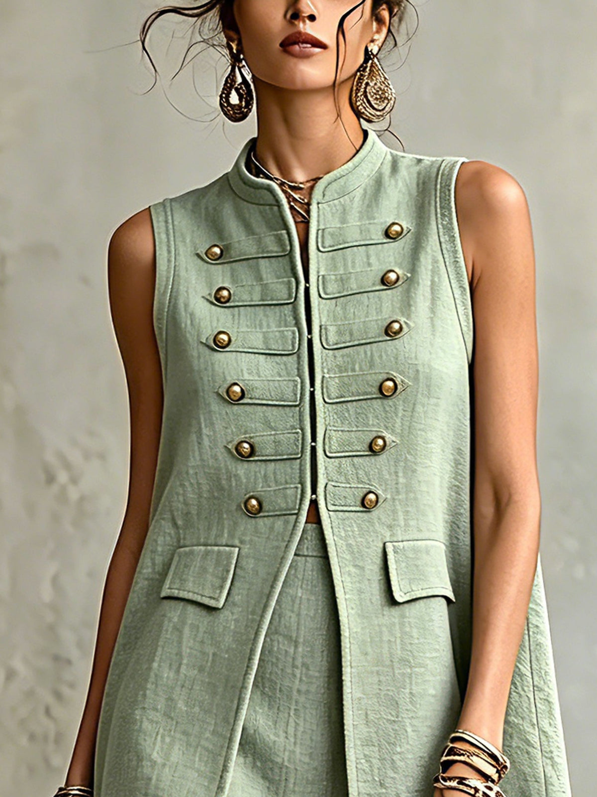 Green Handcrafted Button Sleeveless Top And Skirt Set