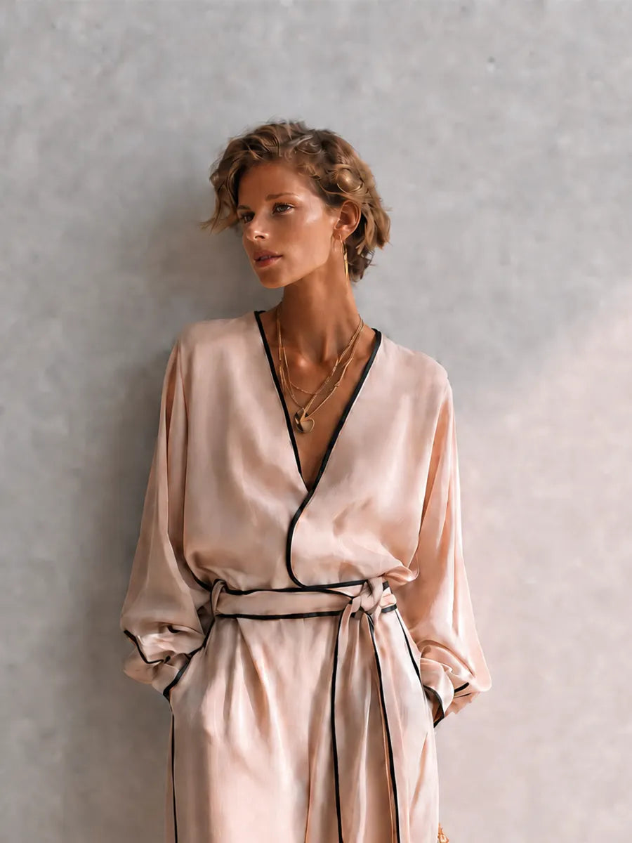 Women's Luxe Pink Black-Trim Cross V-Neck Belted Wide-Leg Satin Set MDZ1005G4CMX