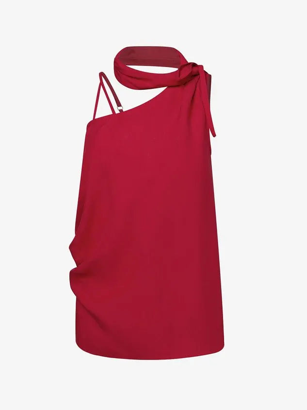Linen Casual Plain Lace-up Halter Neck Blouse