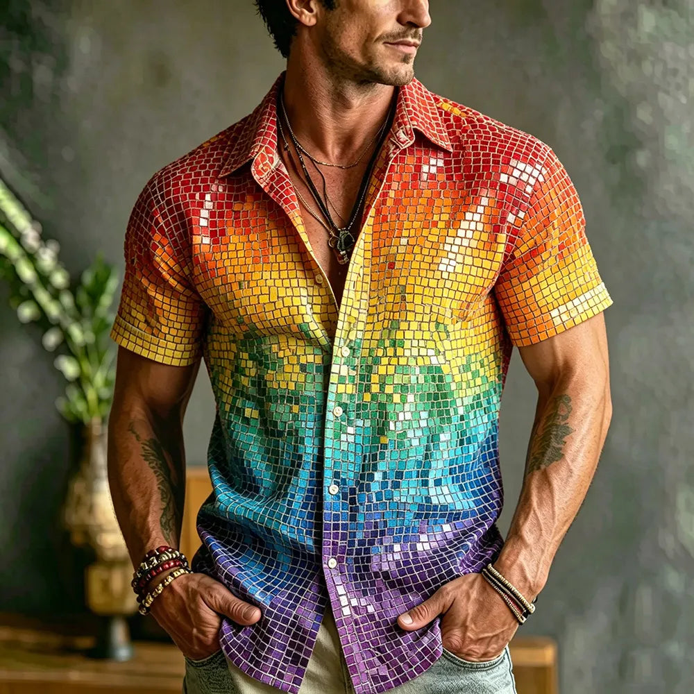 Rainbow Disco Mosaic Sequin Short Sleeve Button Up Shirt For Men, Gradient Shiny Glitter Retro Party Club Casual Top