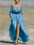 Women's Sky Blue Off Cotton Blend The Shoulder Elastic Long Sleeve Button Front Self Belt Front Slit Side Pocket Maxi Dress MDZ2268G6YZJ