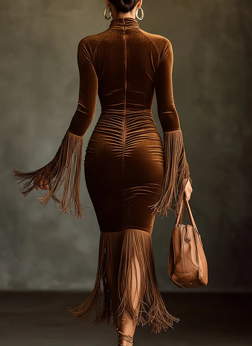 24-Hour-Shipping Brown Velvet Turtleneck Cutout Fringe Long Sleeve Bodycon Dress