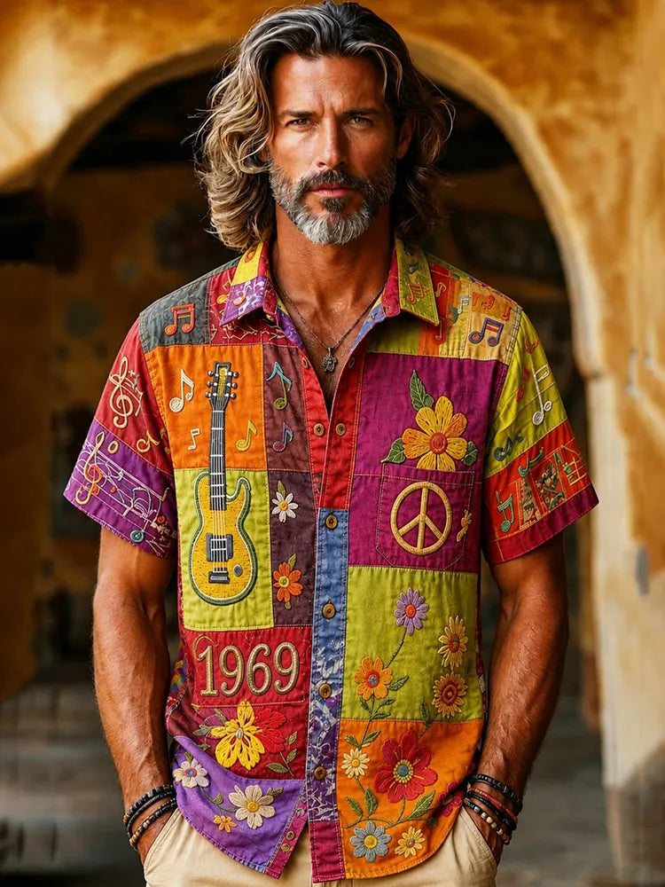 Men's Hippie Contrast Color Guitar Floral Patchwork Design Printed Shirt