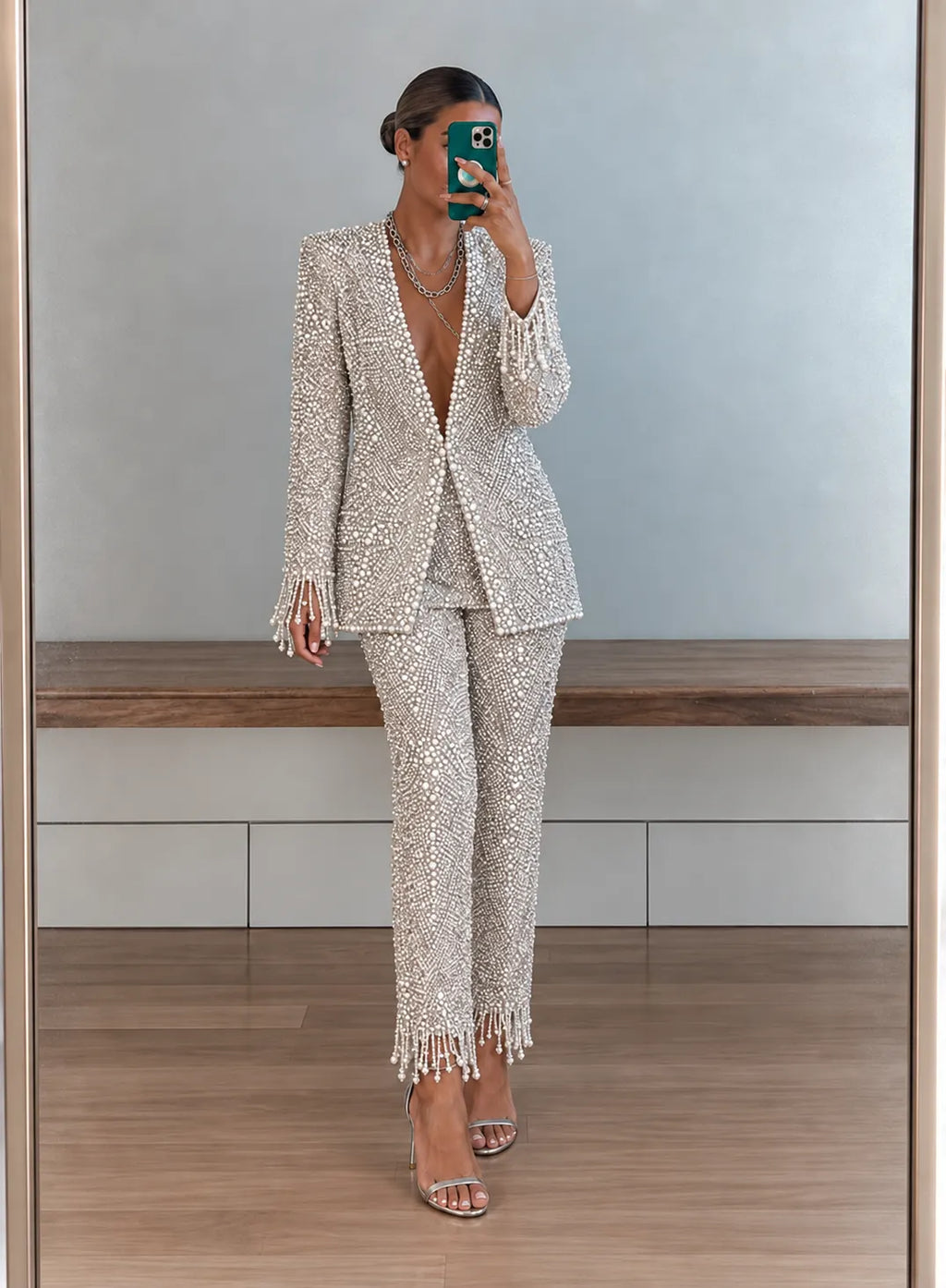Silver Beaded Fringe Blazer Cropped Pants Two‑Piece Set