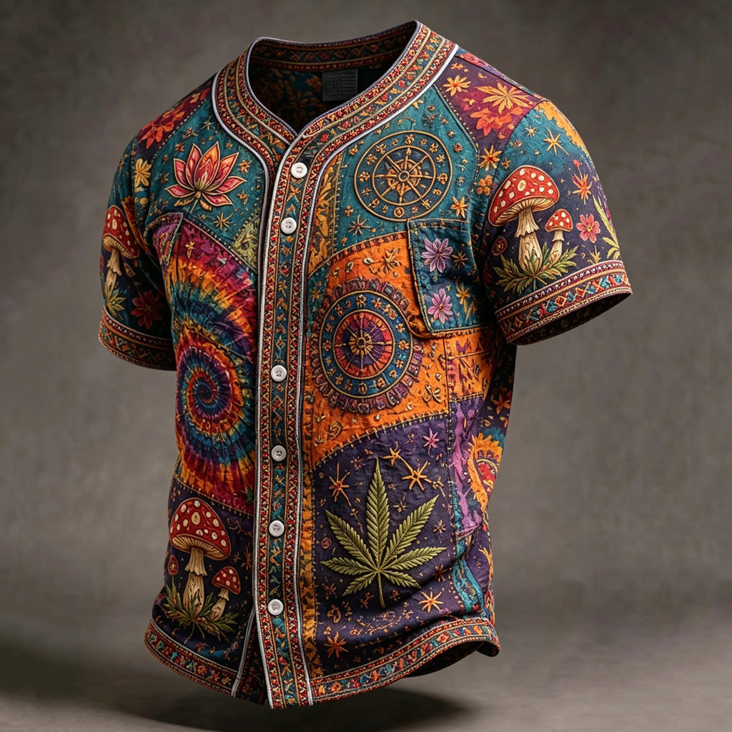 Men's Retro Ethnic Mushroom And Lotus Print Short-sleeve Cotton Linen Shirt