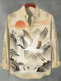 Men's Landscape Flying Crane Mandarin Collar Printed Long Sleeve Shirt