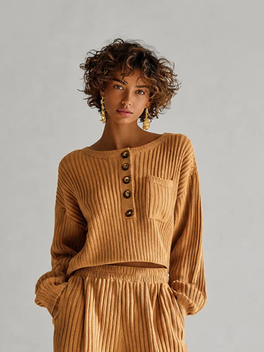 Women's Casual Brown Wide-Rib Knit Round-Neck Button-Placket Long-Sleeve Cropped Top & Elastic-Waist Wide-Leg Trouser Set MDZ2781G7CMX