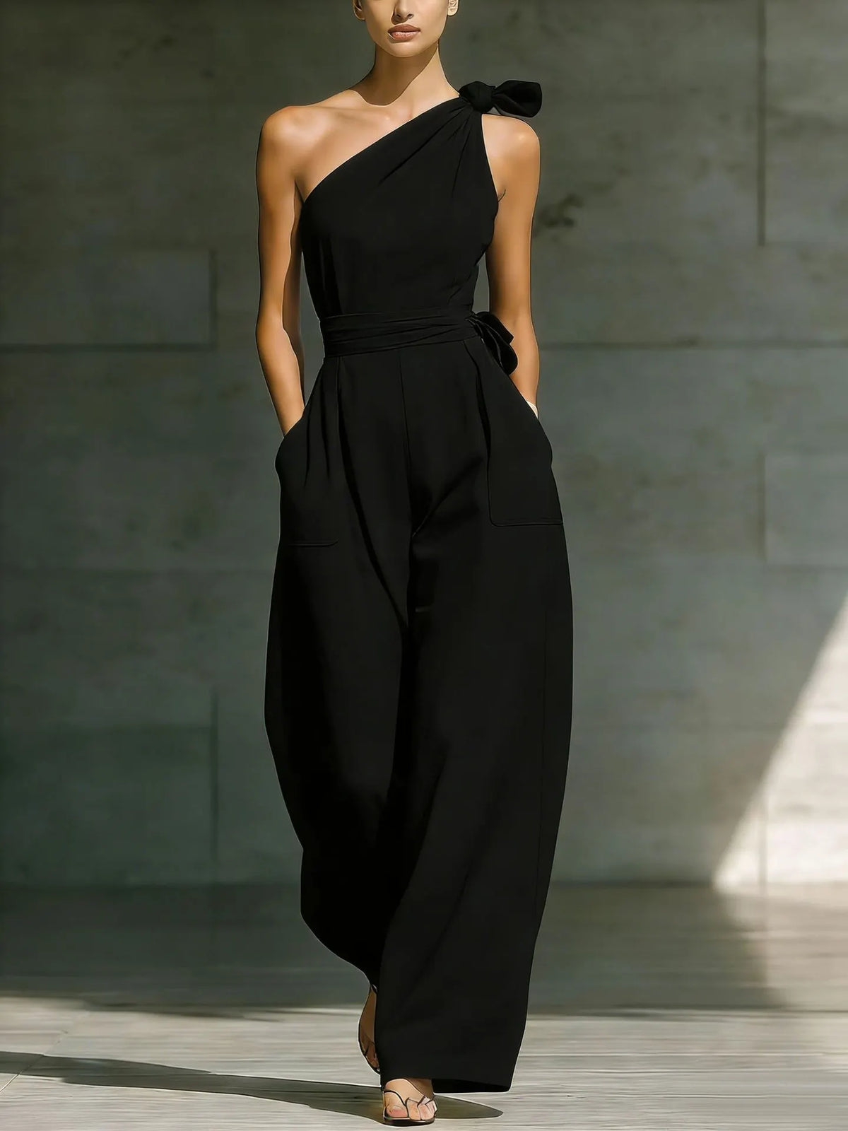 One-Shoulder High-Waisted Wide-Leg Jumpsuit with Bow Detail - Summer Chic 2026