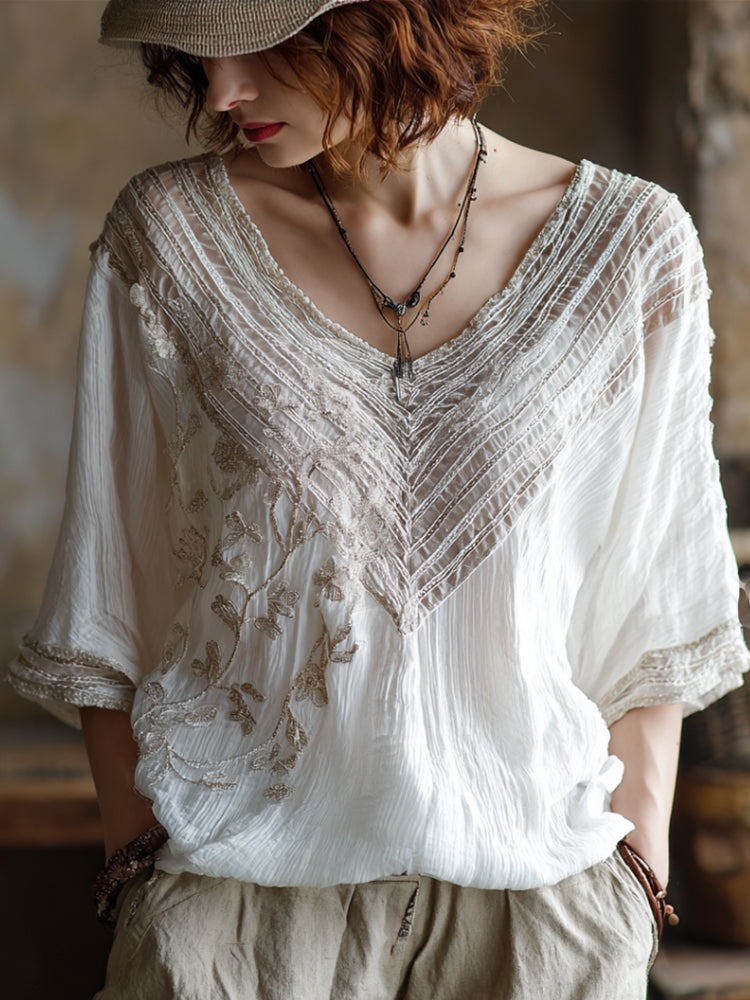 Women's Retro White Cherry Blossom Art Embroidered Cotton Linen V-neck Top