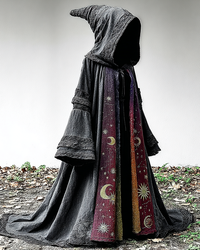 Sun, Stars, Moon 3D Embroidery and Contrast Color Linen Cape 1fbe