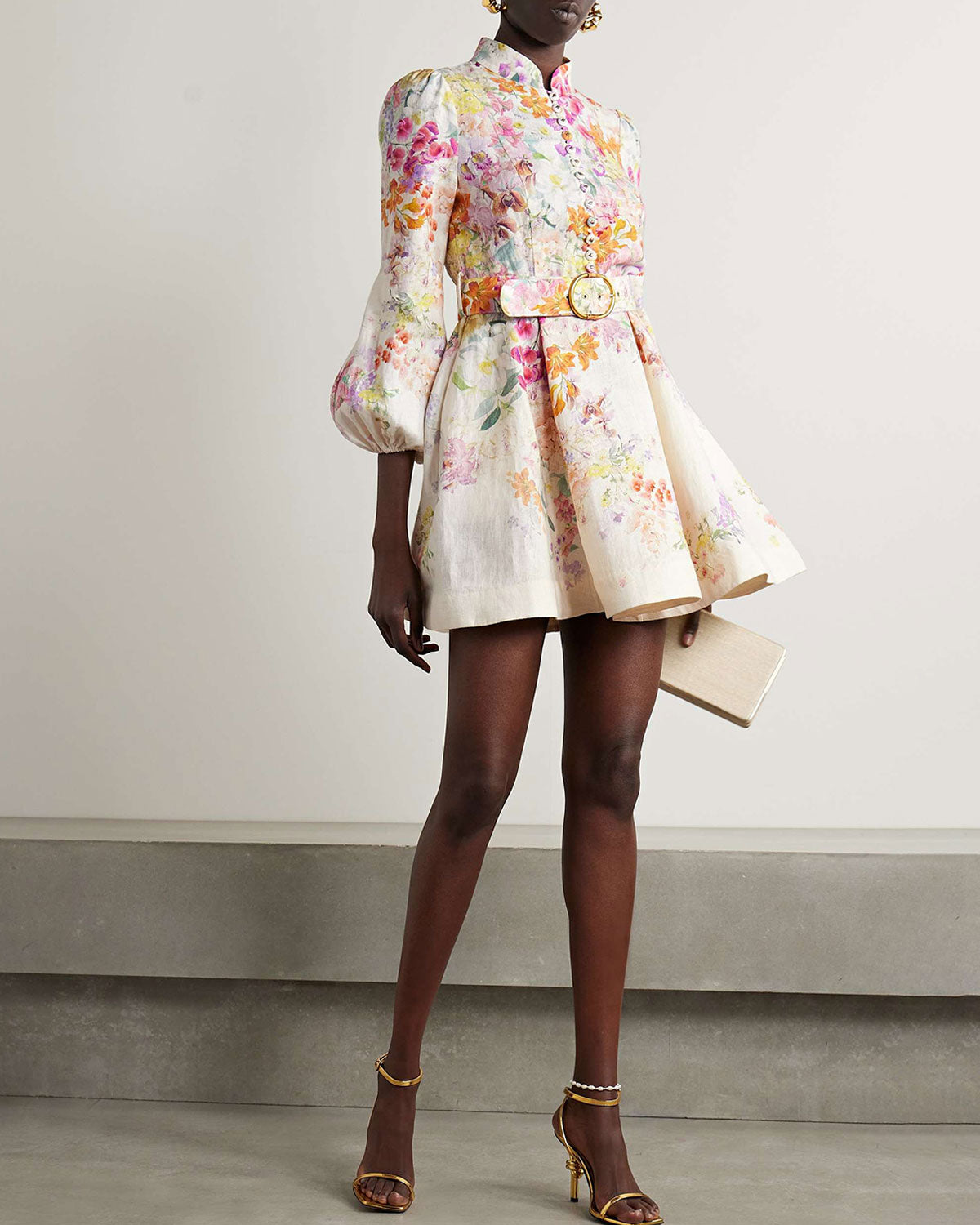 Belted floral-print linen mini dress