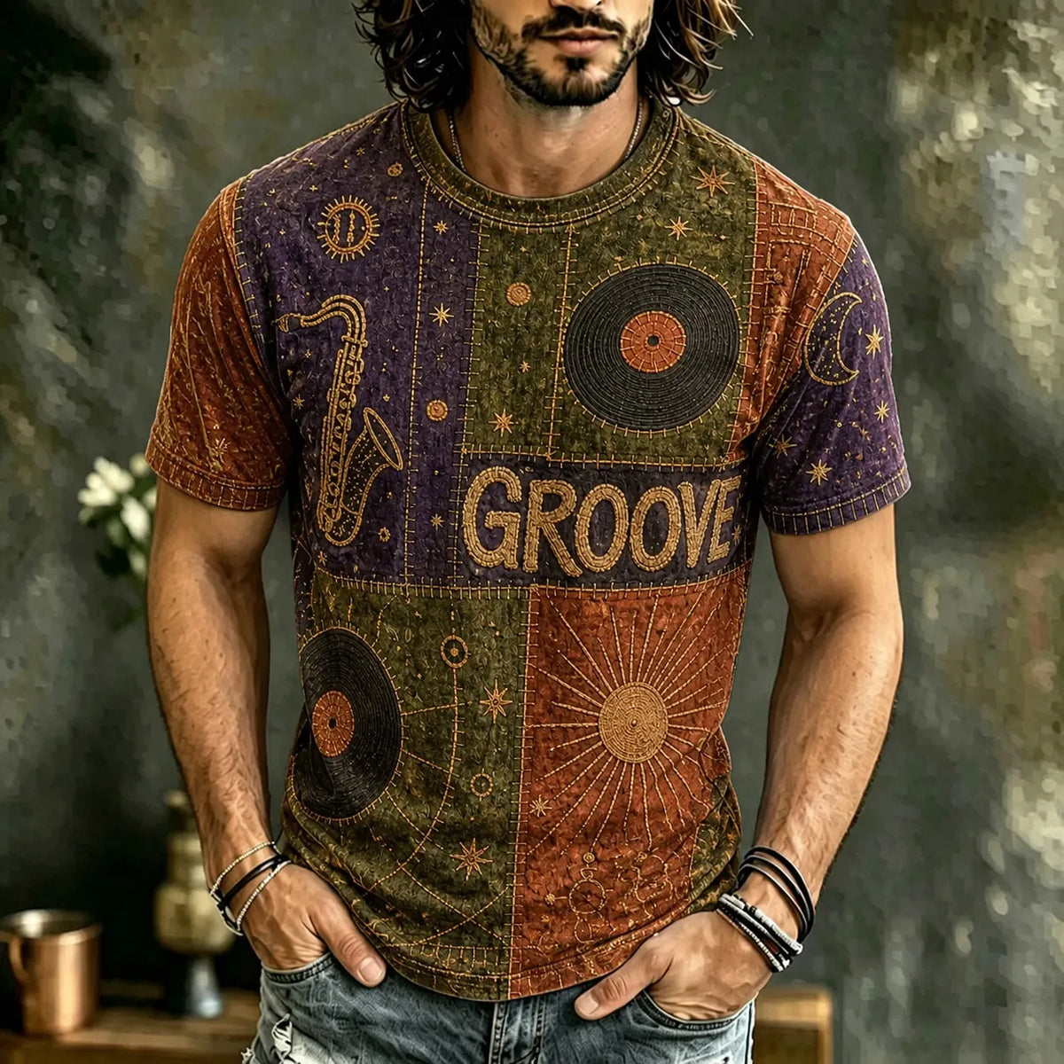 Men's Vintage Hippie Music Art Short Sleeve Casual T-shirt