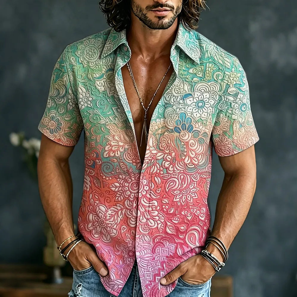 Men's Retro Hippie Floral Gradient Pattern Art Short-sleeve Cotton Linen Shirt