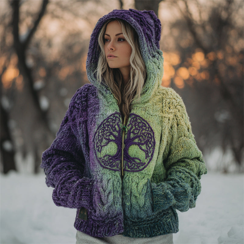 Tree Of Life Celtic Contrast Gradient Hooded Chunky Cardigan