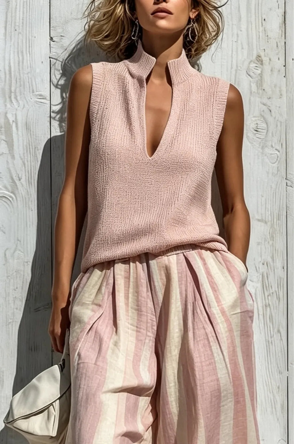 Pink Casual sleeveless top and loose striped trousers set