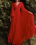 Pleated V-neck Chiffon Maxi Dress - 01