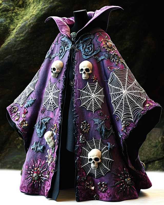 Halloween themed skull and spiderweb embroidery contrasting color stitching original design cape 8245