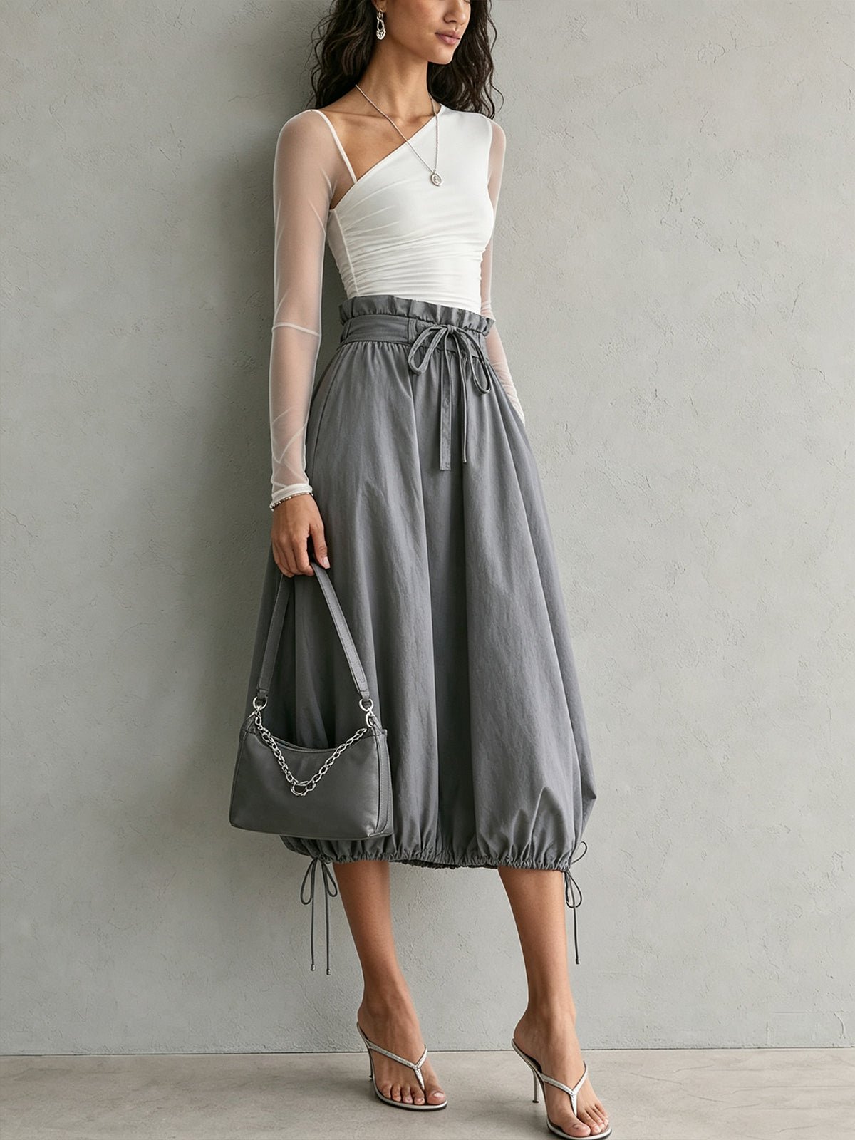 One-Shoulder White Mesh T-shirt And Skirt Set