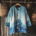 Vintage Waves Inspired Embroidery Japanese Art Linen Blend Cozy Tunic
