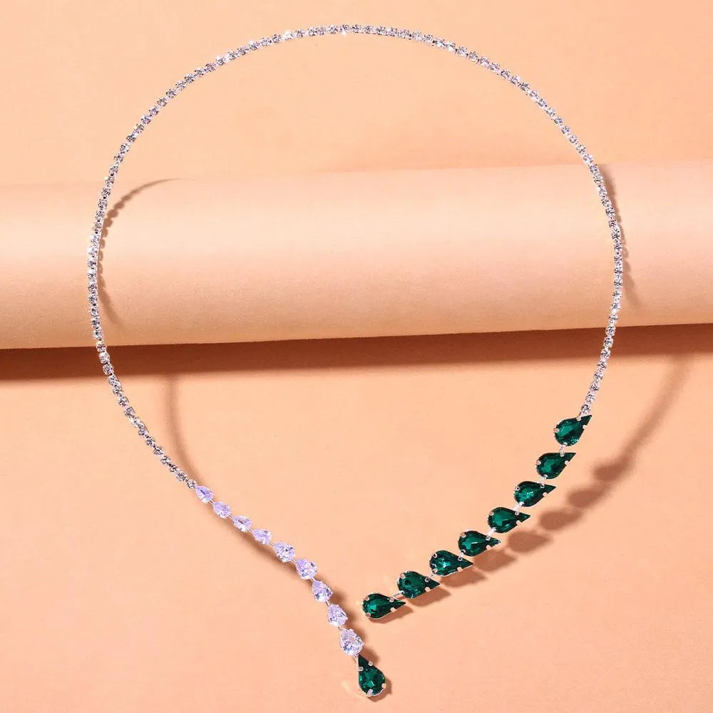 Green Water Drop Rhinestone Open Choker Necklace Jewelry