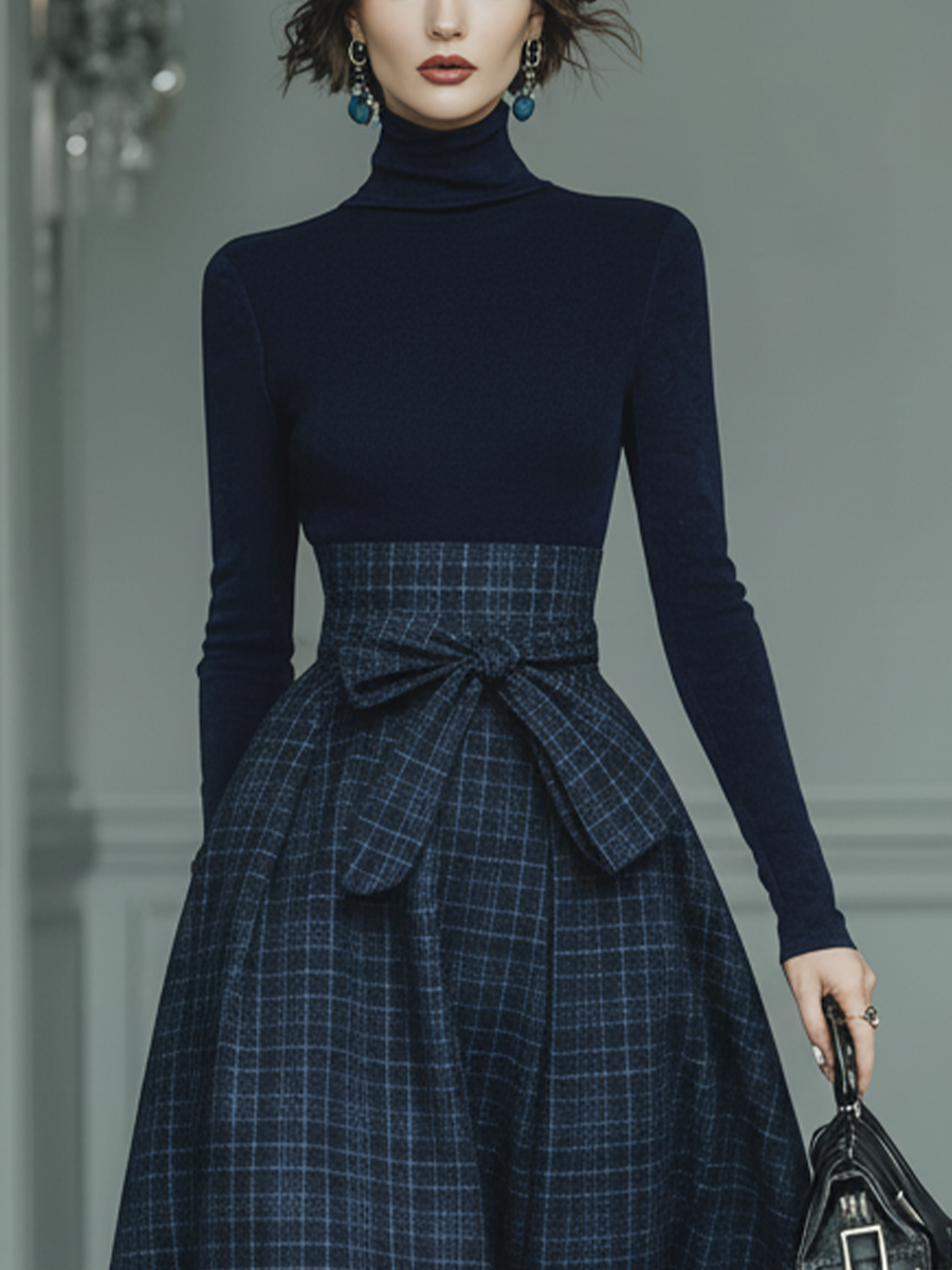 Women’s Navy Plaid High-Waisted Belted Pleated A-Line Midi Skirt MDA2668K7T