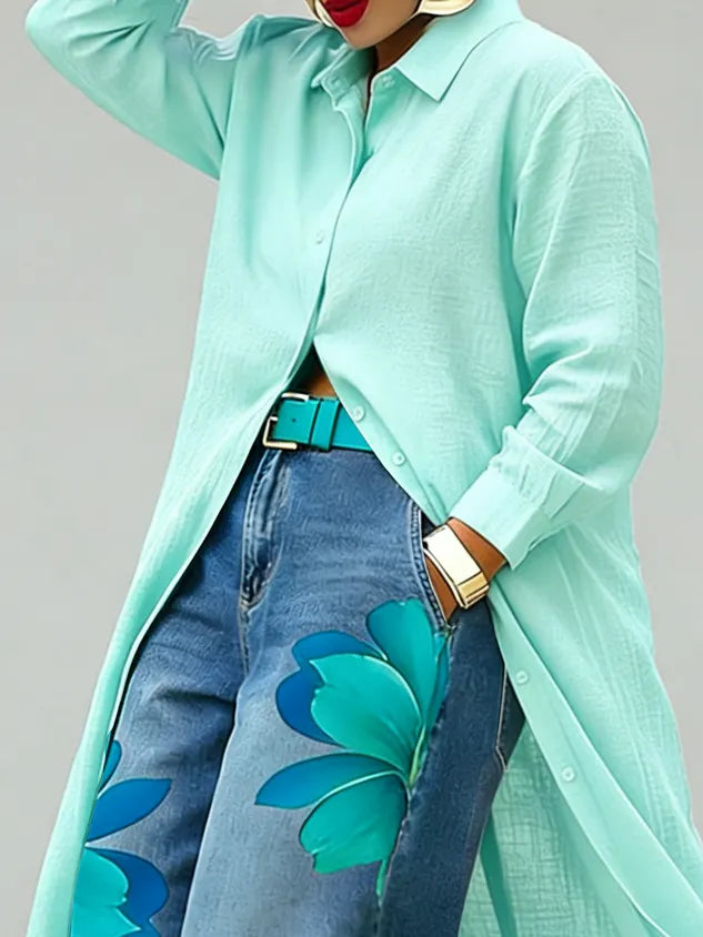 Casual Cotton Shirt Collar Blouse Loose Long Sleeve Daily Top