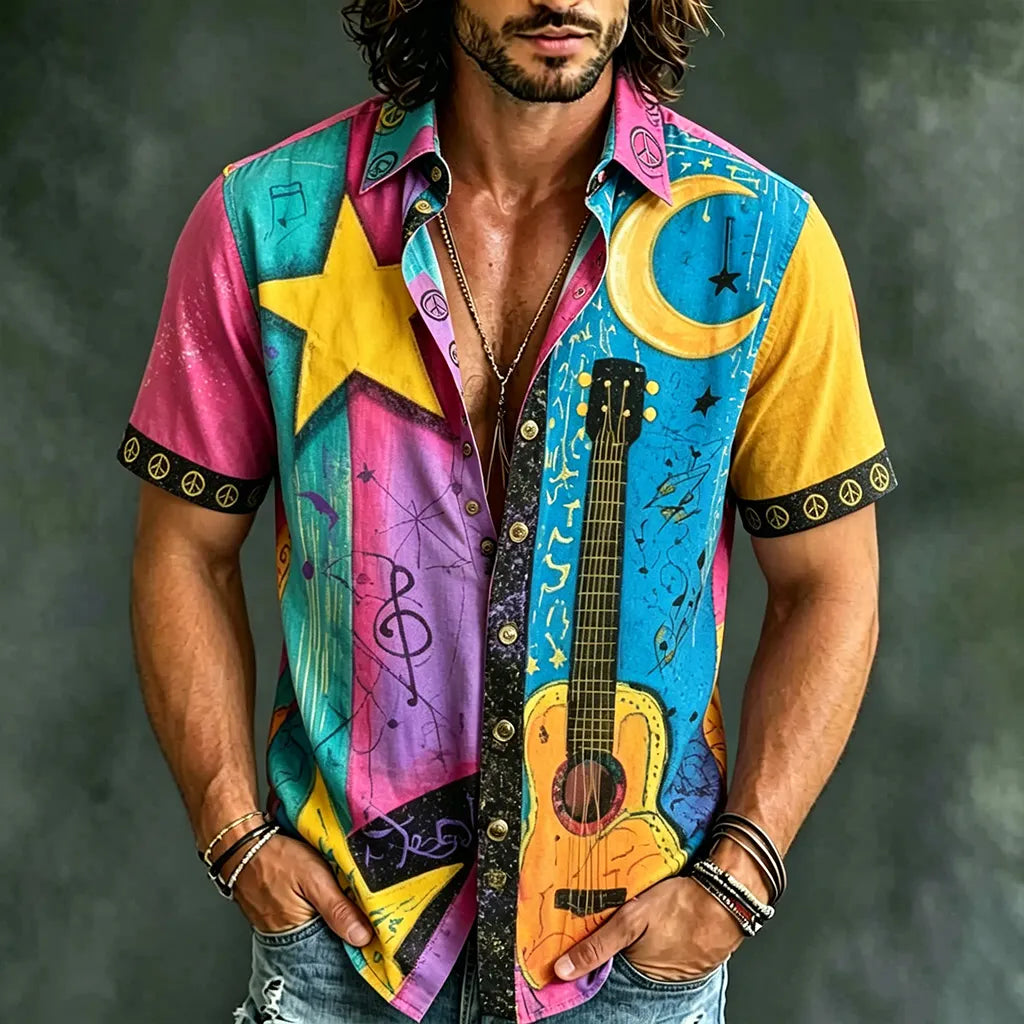 Men's Retro Hippie Guitar Art Pattern Casual Shirt