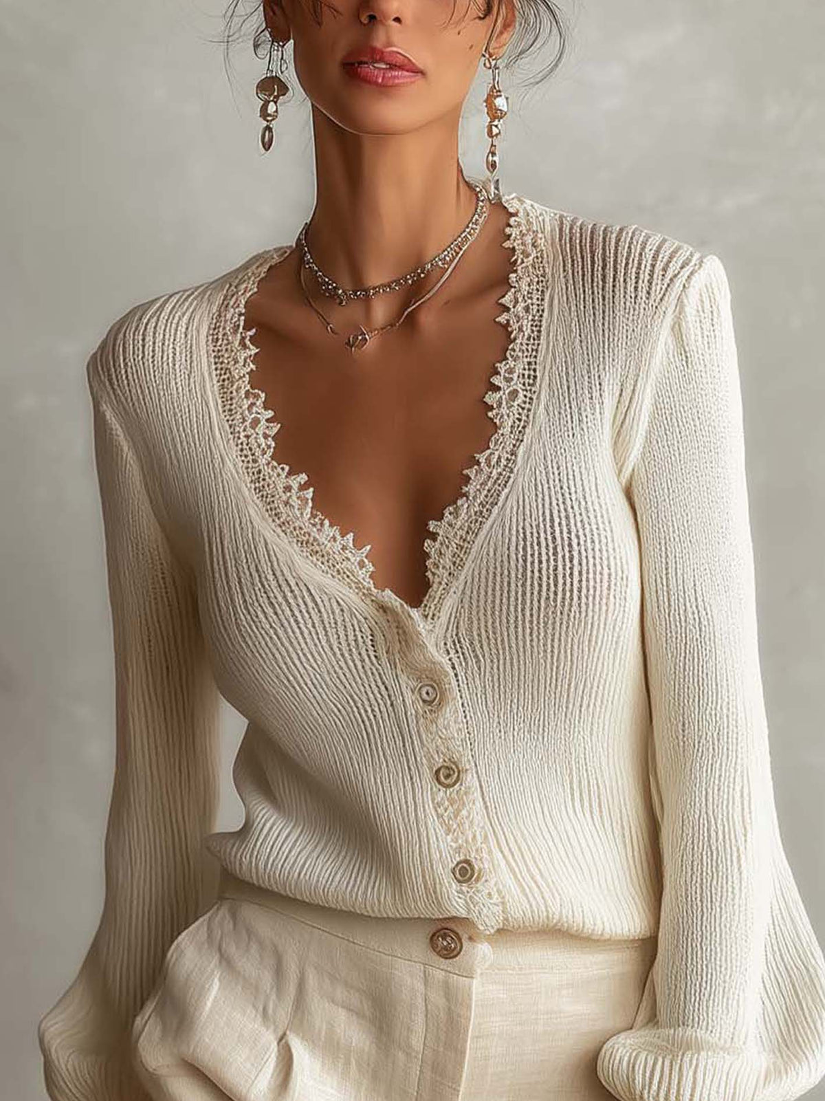 White Ribbed Knit Cardigan With Lace Trim And Button Front
