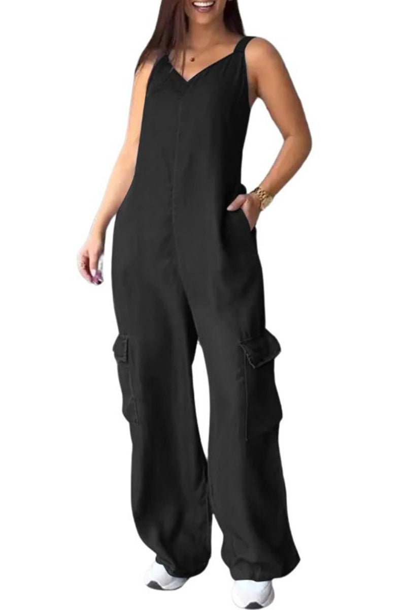 Womens Denim Overalls Jumpsuits Casual V-Neck Adjustable Straps Wide Leg Cargo Pants Twill Chino Bib Overalls