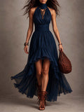 Vintage Elegant Navy Chiffon Halter Neck High-Low Ruffle Maxi Dress