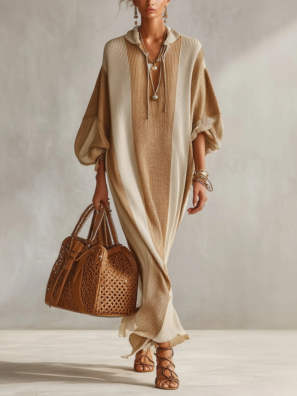 Khaki Color Block Knit Maxi Dress