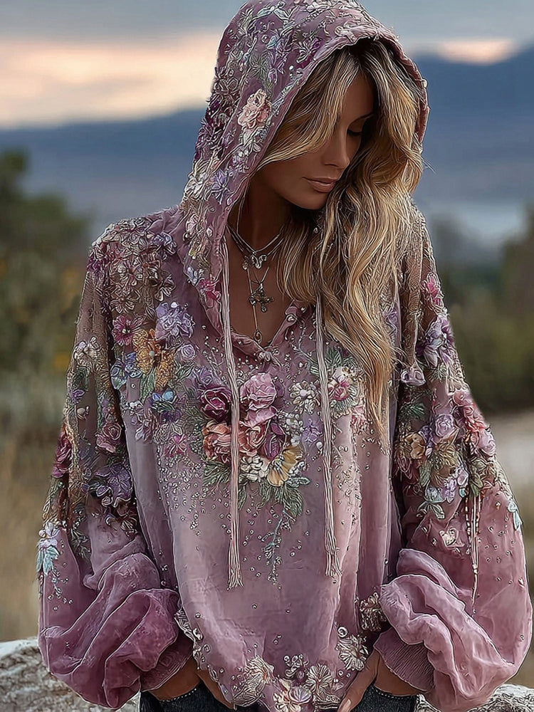 Women's Vintage Boho Pink Rose Embroidered Sequin Hoodie