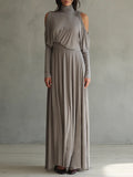 Women's Taupe Soft Modal Maxi Dress With Turtleneck Cold Shoulder Cutout & Draped Waist, Minimalist Elegant Flowy Maxi Dress MDZ2272G8LYL