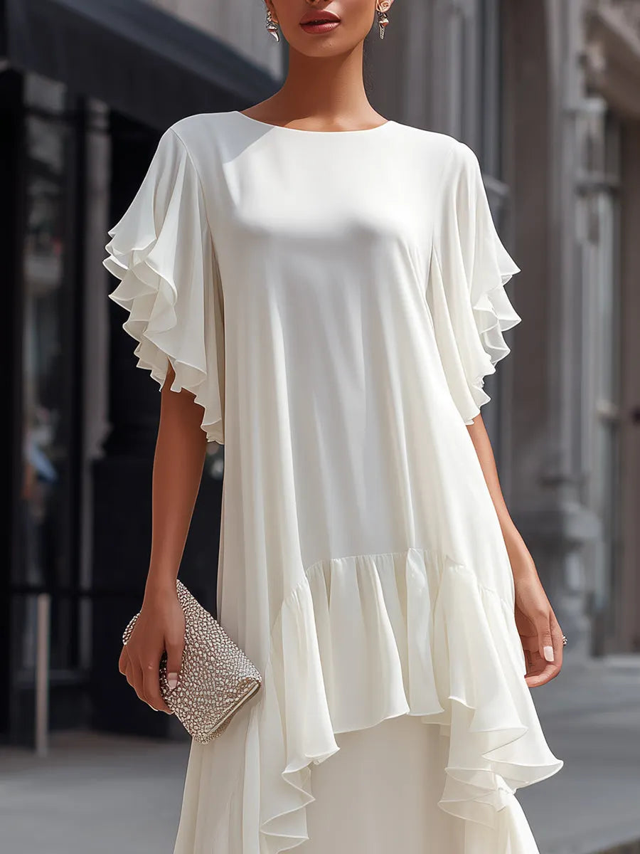 Layered Ruffle Sleeve Asymmetric Tiered Maxi Dress