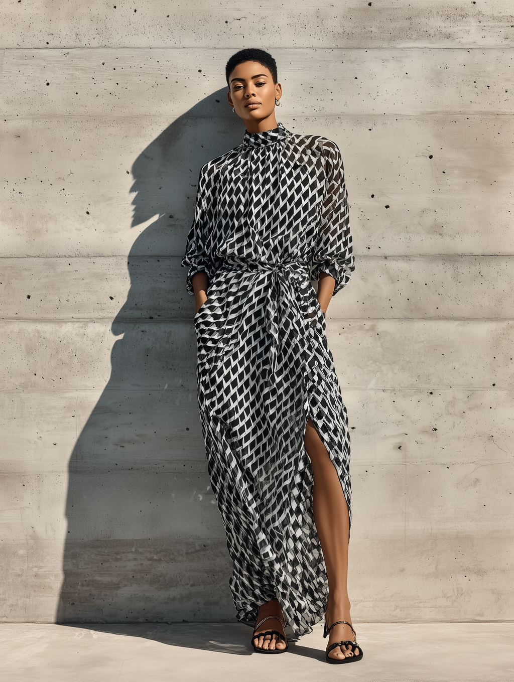 Women's Black White Diamond Print Mock Neck Three Quarter Sleeve Self Tie Waist Side Pocket Front Slit Chiffon Maxi Dress MDZ2128G2YZJ