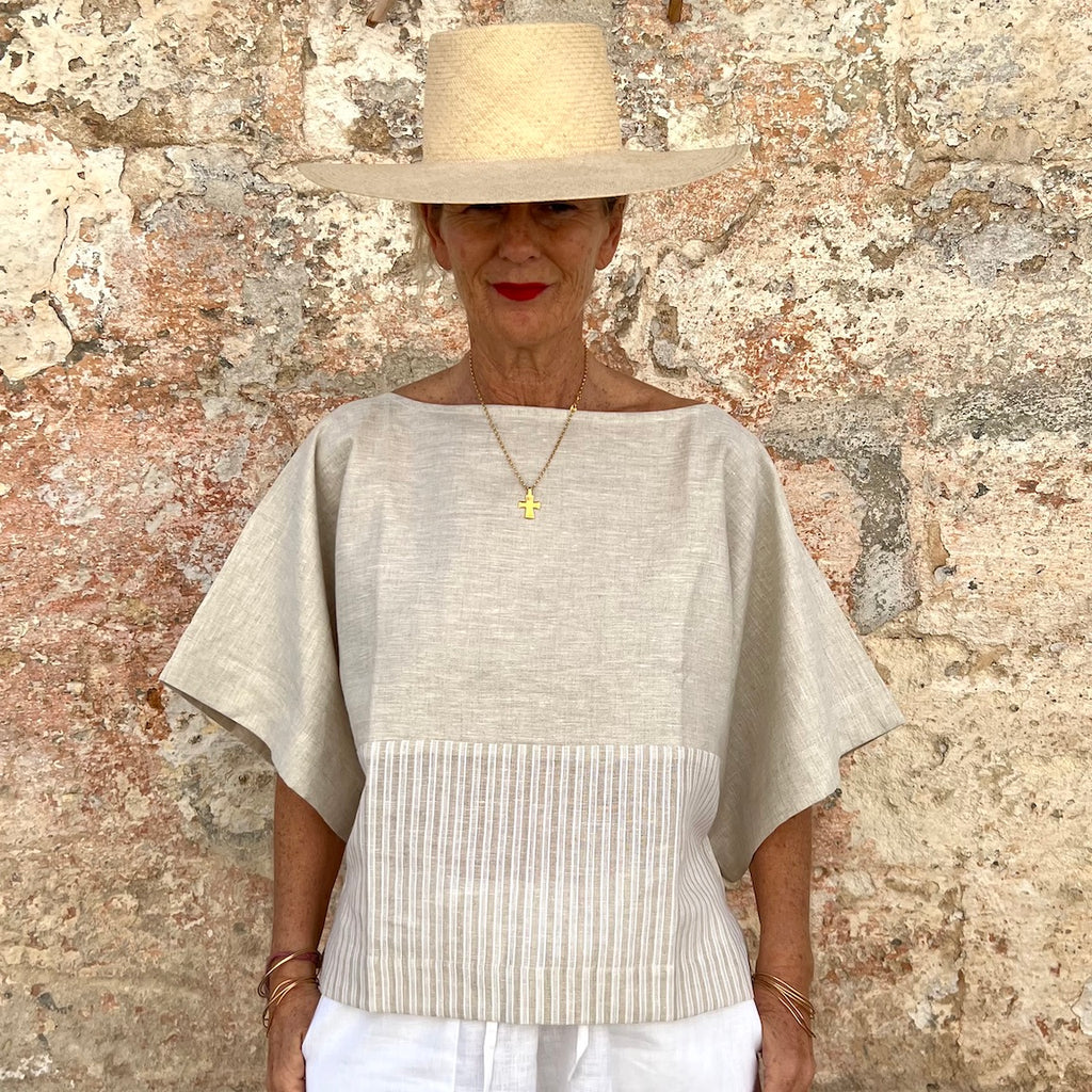 Jill Top New - French Bateau Neck Color-Blocked Striped Linen Blouse | Dadihouse