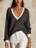 Dark Gray White Trim V-Neck Sheer Fluffy Mohair Oversized Knit Sweater