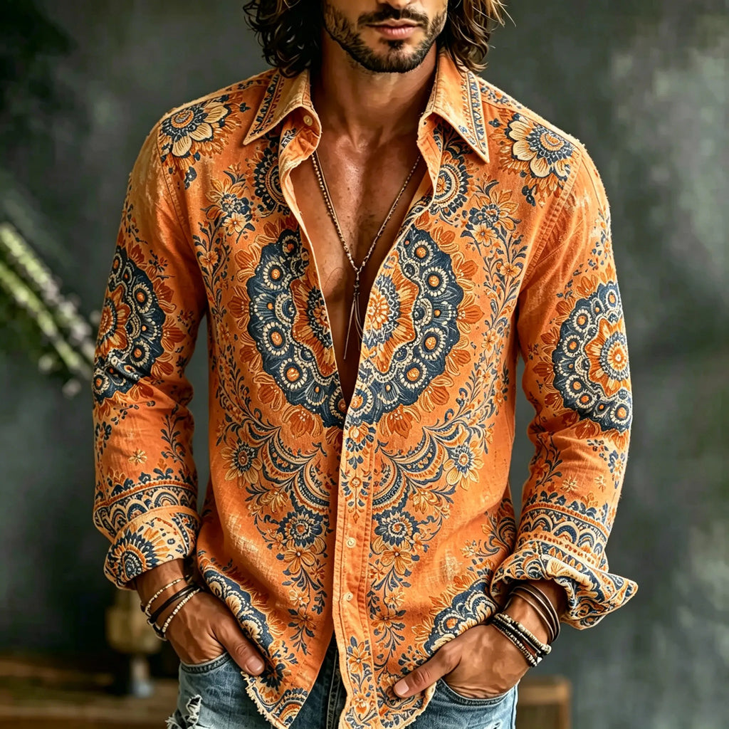 Men's Retro Floral Art Print Casual Shirt