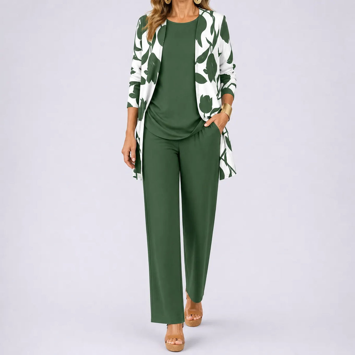 Brenda – Women's 3 Piece Set with Floral Cardigan, Scoop Top and Wide Leg Trousers