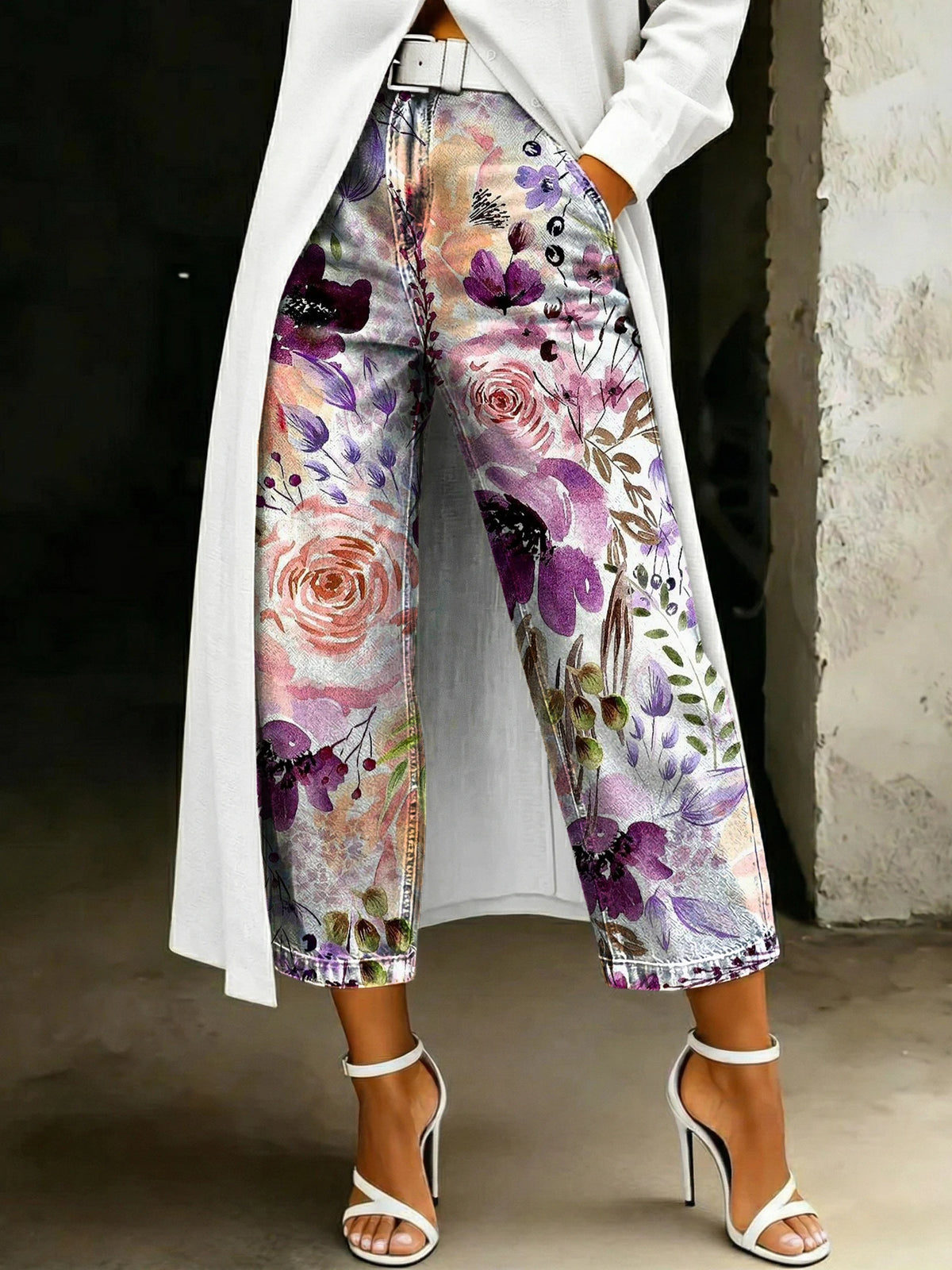 Women's Fashion Watercolor Floral Artistic Print Relaxed-fit Wide-leg Jeans