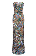 Strapless Sequin Floral Maxi Dress Green