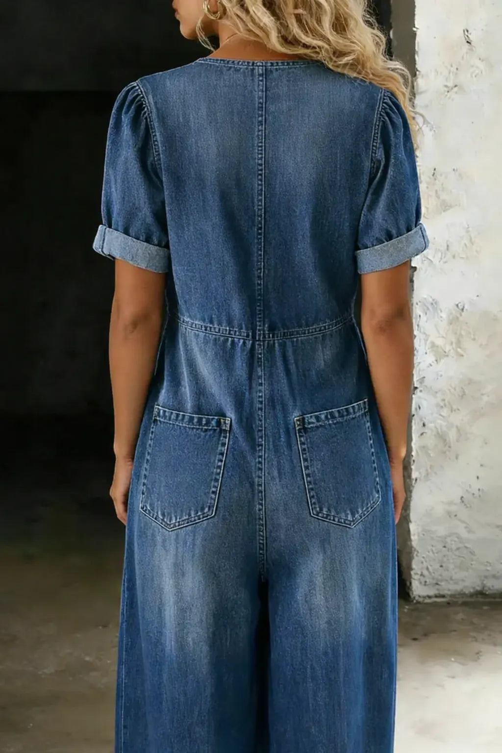 V Neck Denim Jumpsuit Short Sleeve for Women