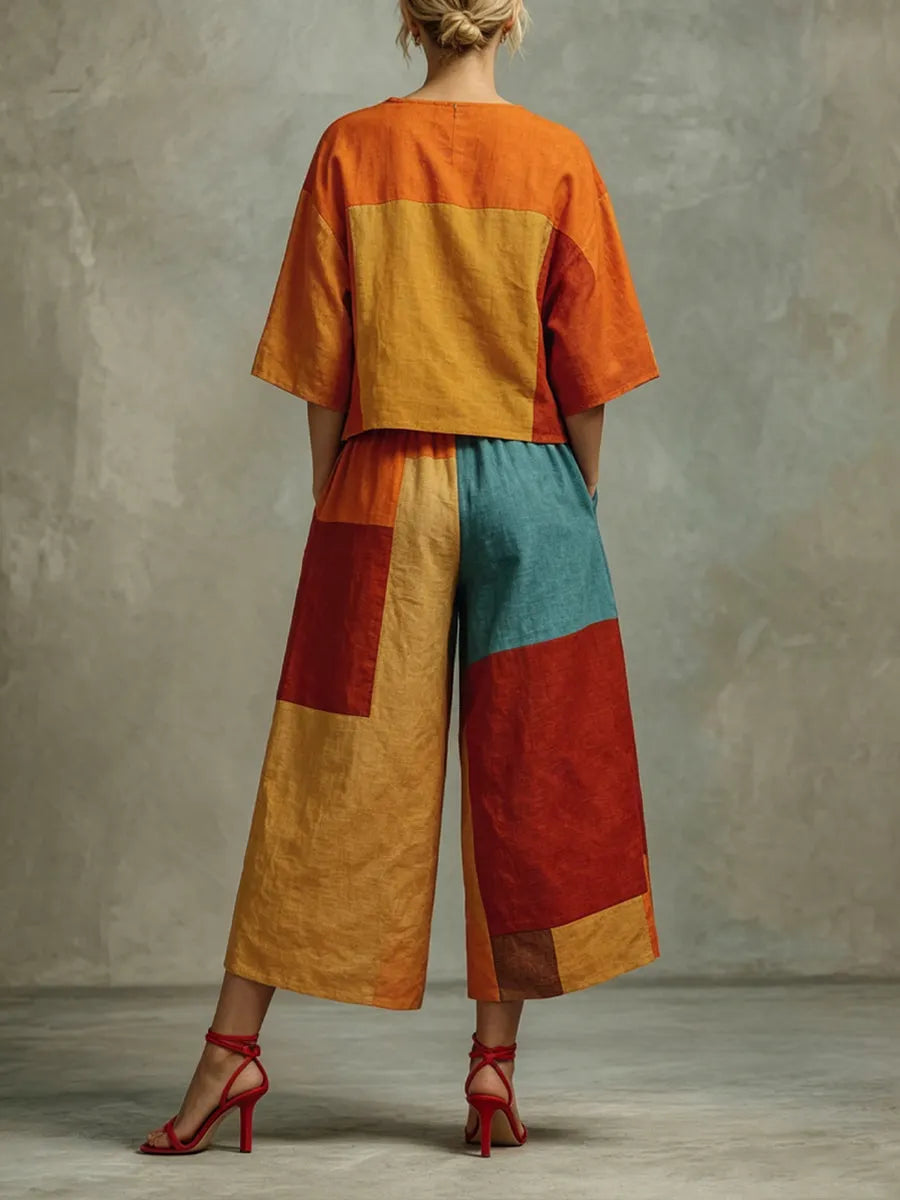 Women's Casual Cotton-linen Colorblock Set
