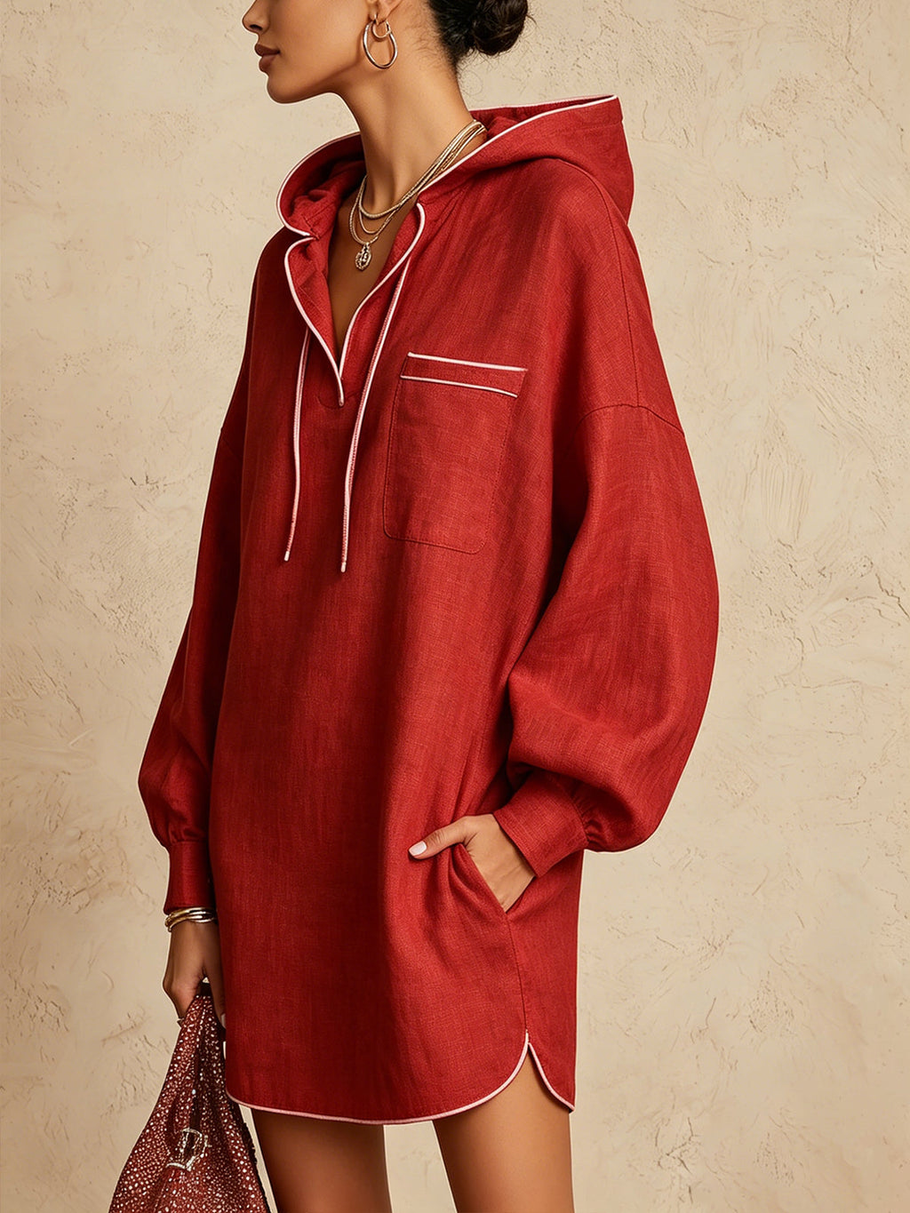Red Hooded Mini Dress With White Piping And Long Sleeves