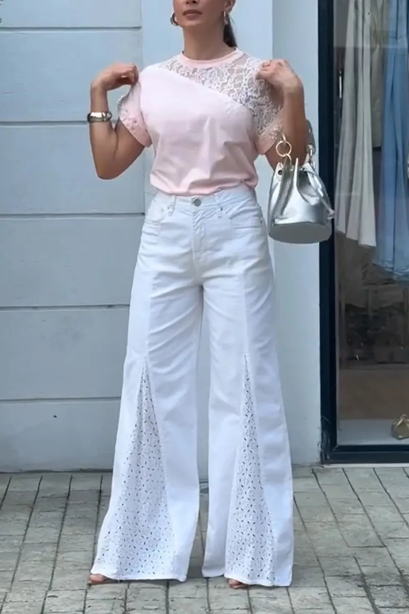 Women Round Neck Patchwork Lace Nail Bead Top or Patchwork Hollowed Out Wide Leg Pants