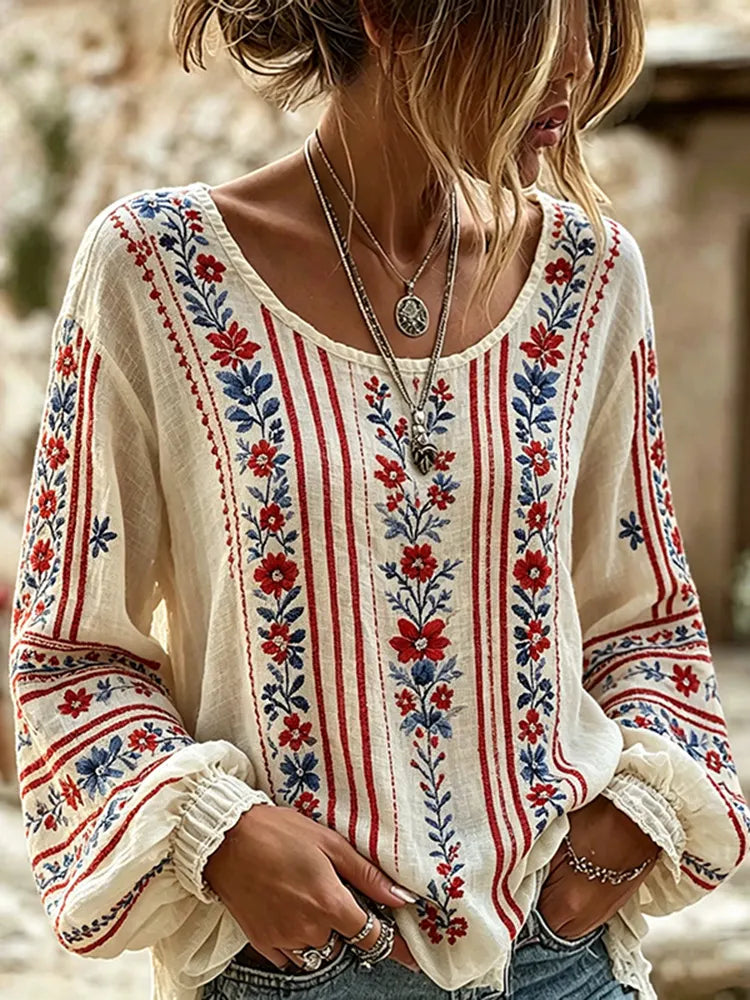 Women's Vintage Boho Floral Art Print Linen Blend T-shirt