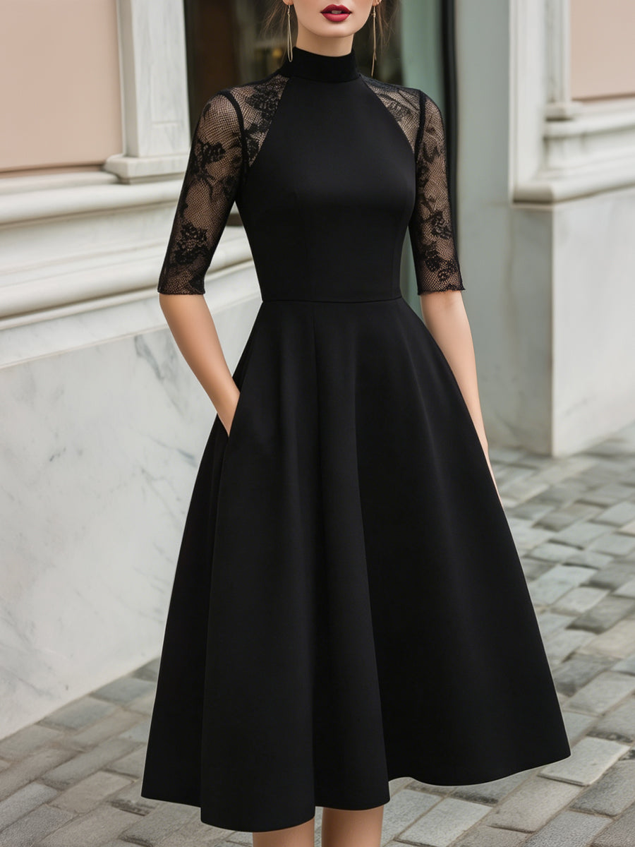 Lace Sleeve High Neck Fit-and-Flare Midi Dress
