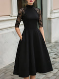 Lace Sleeve High Neck Fit-and-Flare Midi Dress